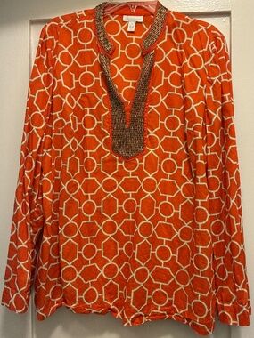 Charter Club Orange and Cream Beaded Cotton Tunic - Size XL